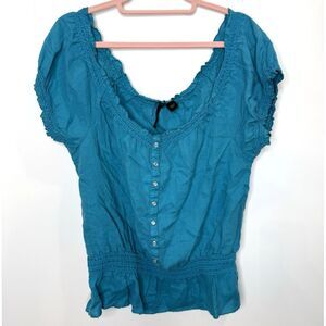 VTG Nine West Boho Top Medium 90s Y2k 100%‎ Linen Smocked Pearl Snap Cottagecore